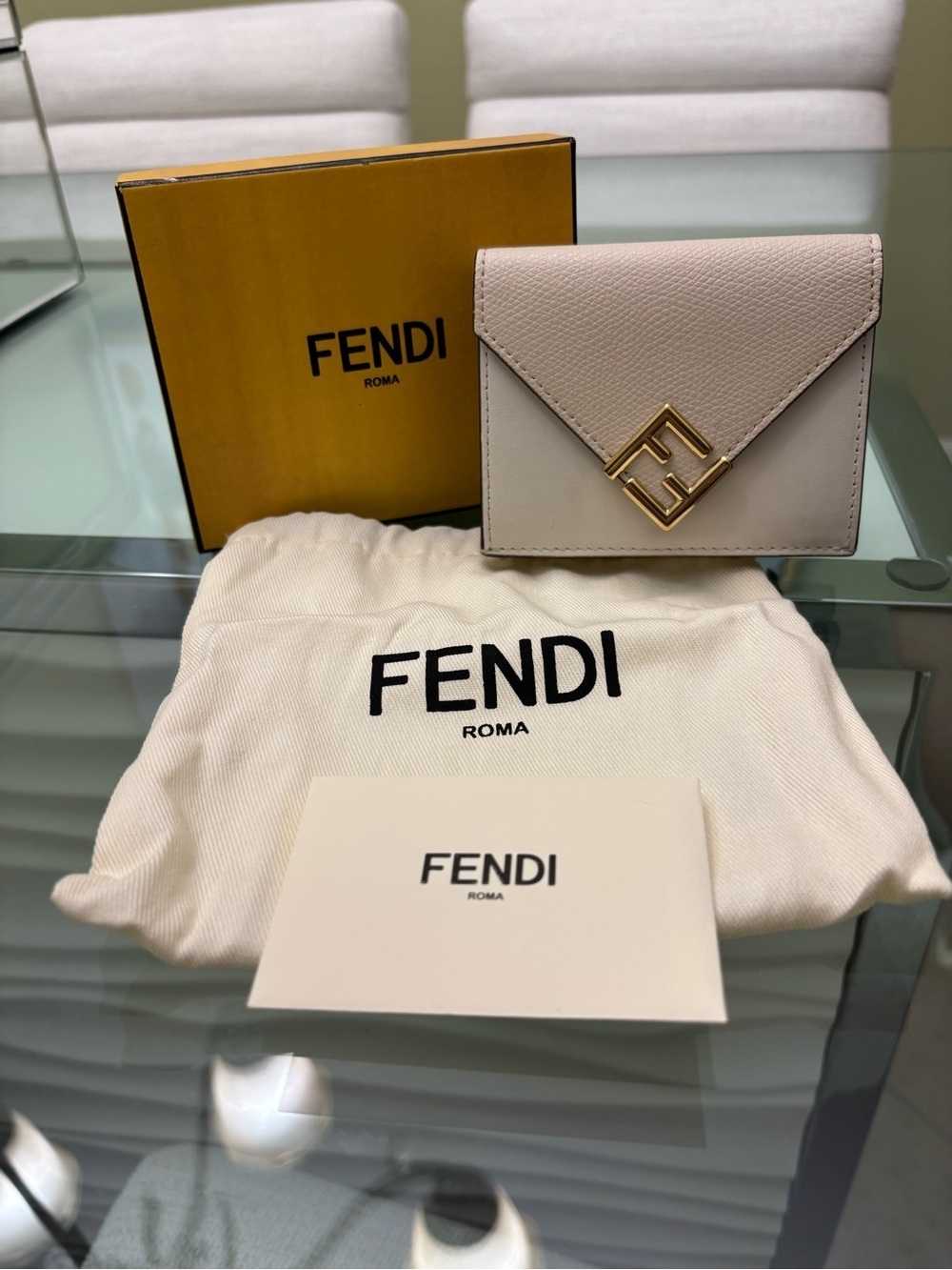 Authentic Fendi Tri-fold light pink and Cream Leather Wallet with Gold FF Logo